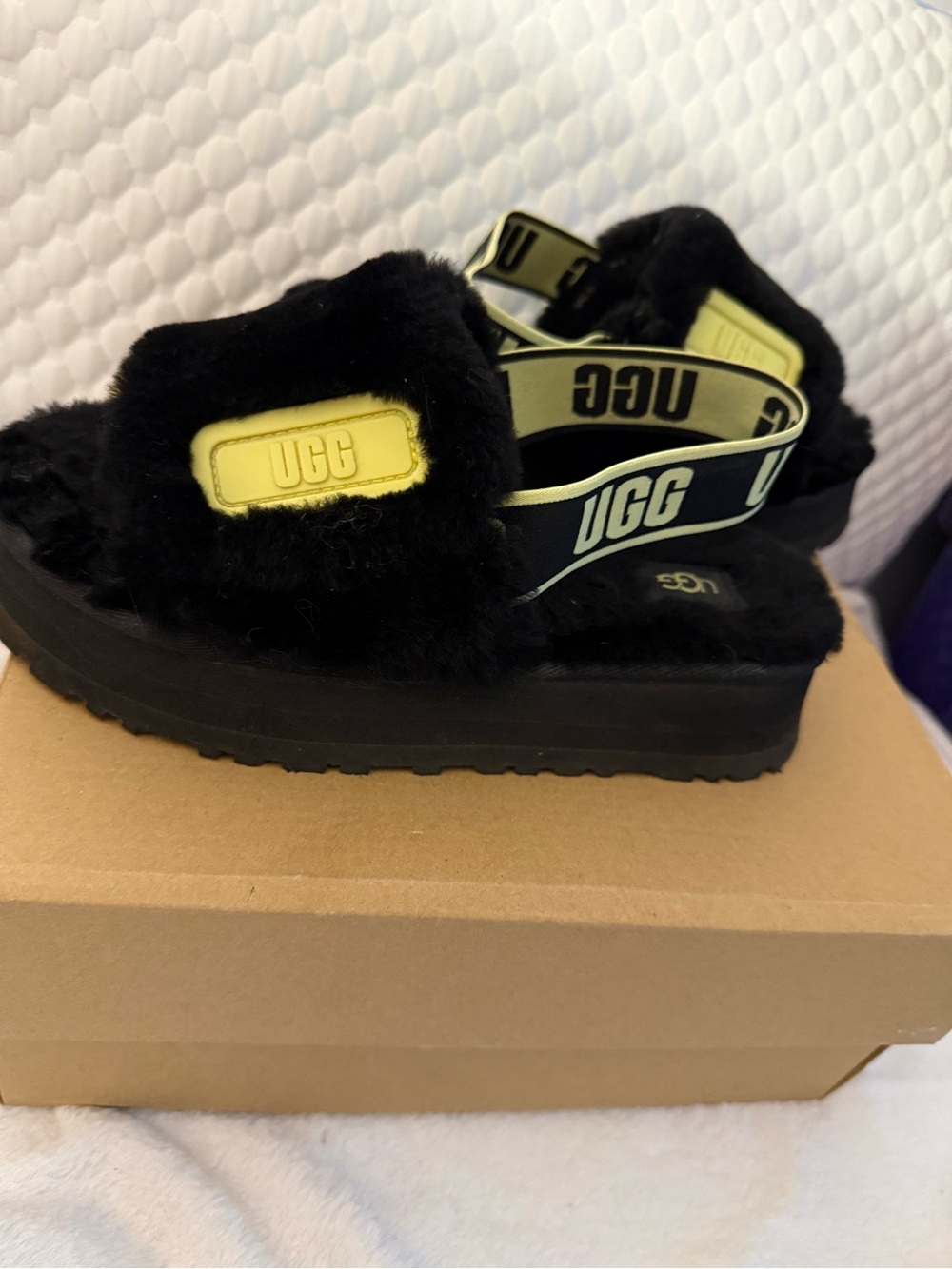 UGG Women’s Black Shearling Slide Slippers with Yellow strap Accent
